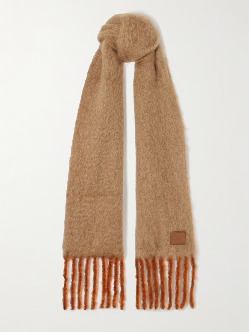 Appliquéd fringed mohair-blend scarf
