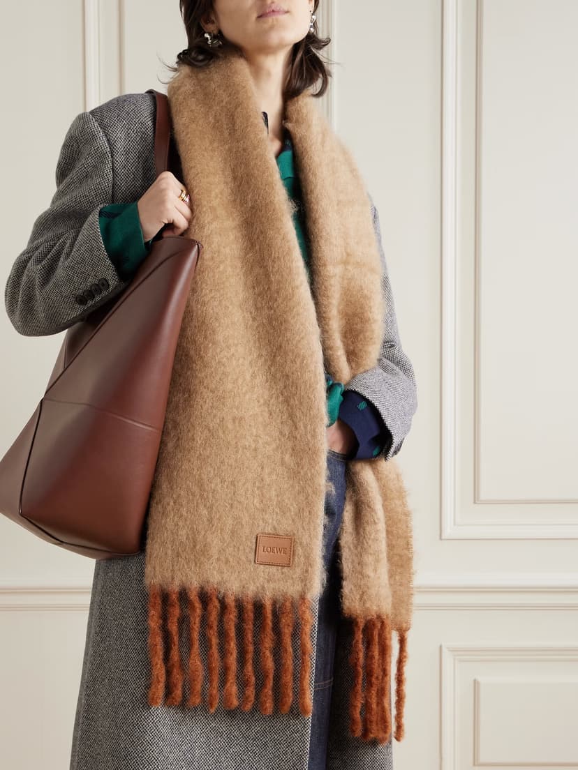 Appliquéd fringed mohair-blend scarf